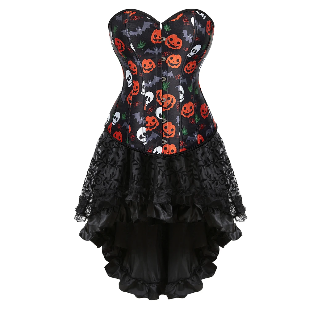 Bustier Corset Skirts Pumpkin Skull Printing Corsets Dress Set Plus Size Burlesque Clubwear Outfits Halloween Costumes Sexy