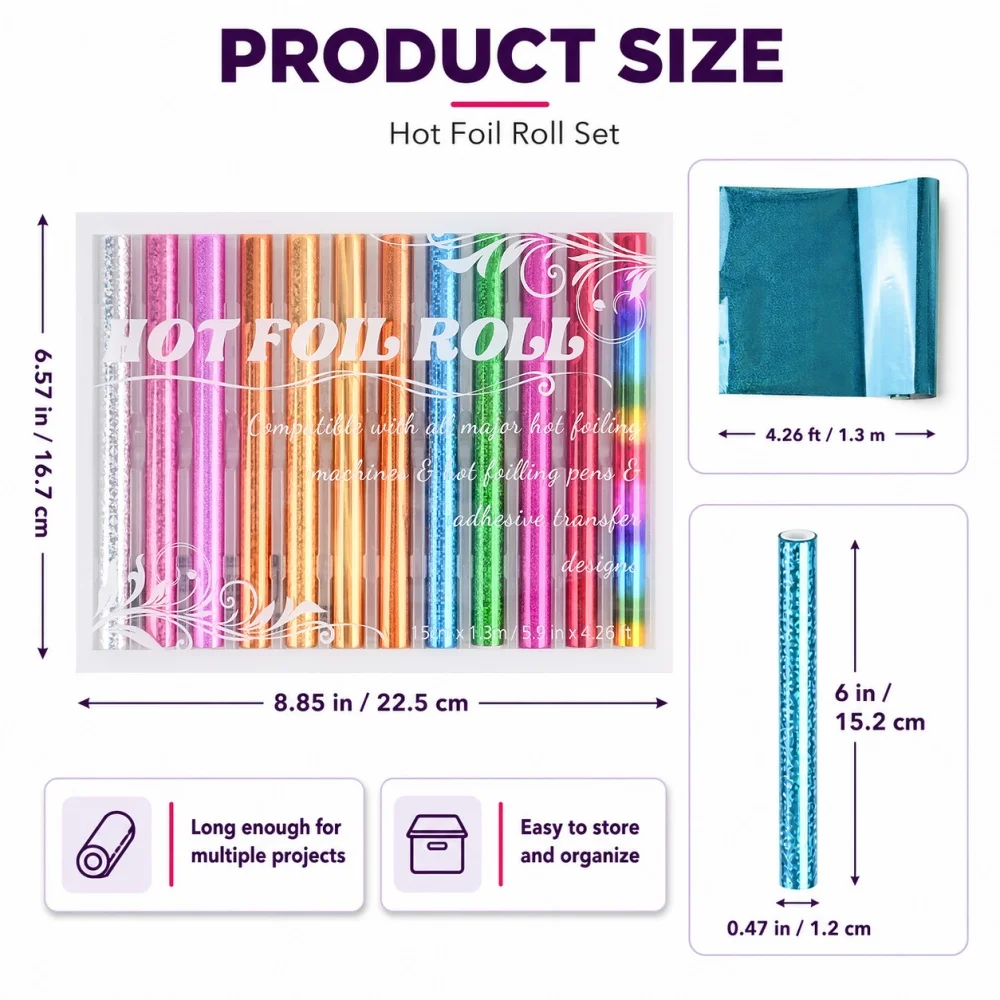 12개/세트 15cmx1.3M 열활성화 호일 핫 스탬핑 호일 종이 글리머 호일 홀로그램 열전사 호일 시트 DIY 공예용