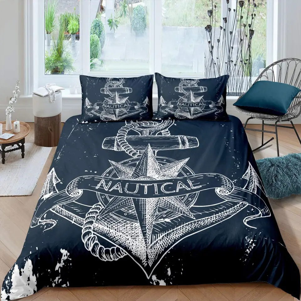Anchor - Set copripiumino nautico con motivo oceano per ragazzi, ragazze, bambini, adolescenti, mare, avventura, camera da letto, colore: viola, blu, nero, con 2 federe