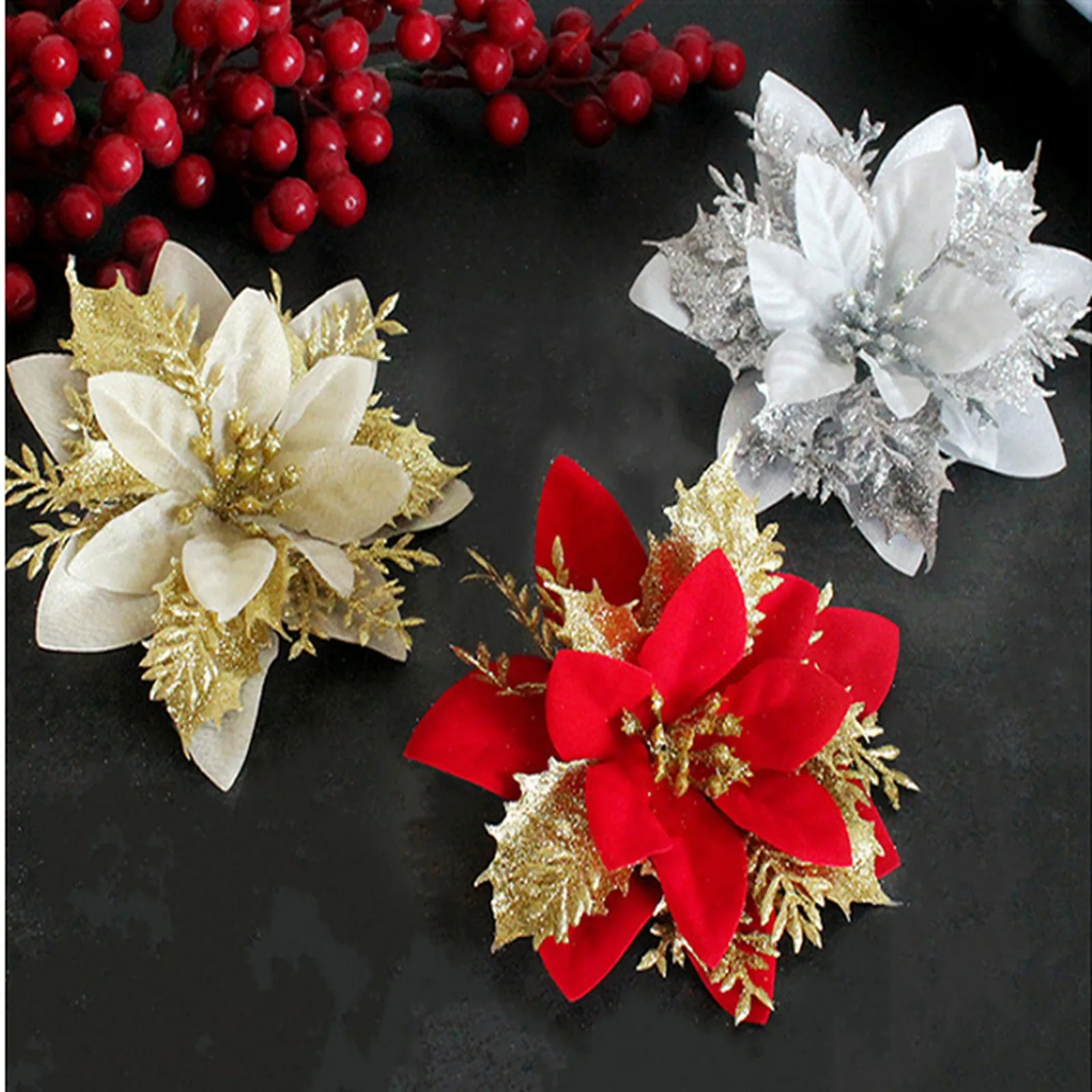 

Cloth Gold Silver And Red Three Layer Artificial Flower Christmas Tree Hanging Decoration Photography Props Festive Atmosphere