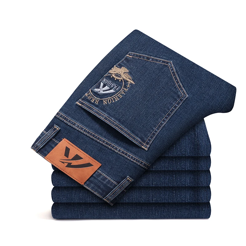 

Brand Clothing Trend Leisure Fit Straight Cotton Stretch Classic Embroidery Vintage Men's Autumn Jeans Midweight Denim Trousers
