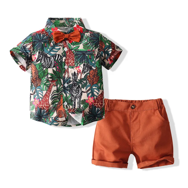 

2Piece 1-6Years Summer Outfits Baby Boy Clothing Set Fashion Casual Gentleman Print Children Shirt+Shorts Kids Clothes BC2195