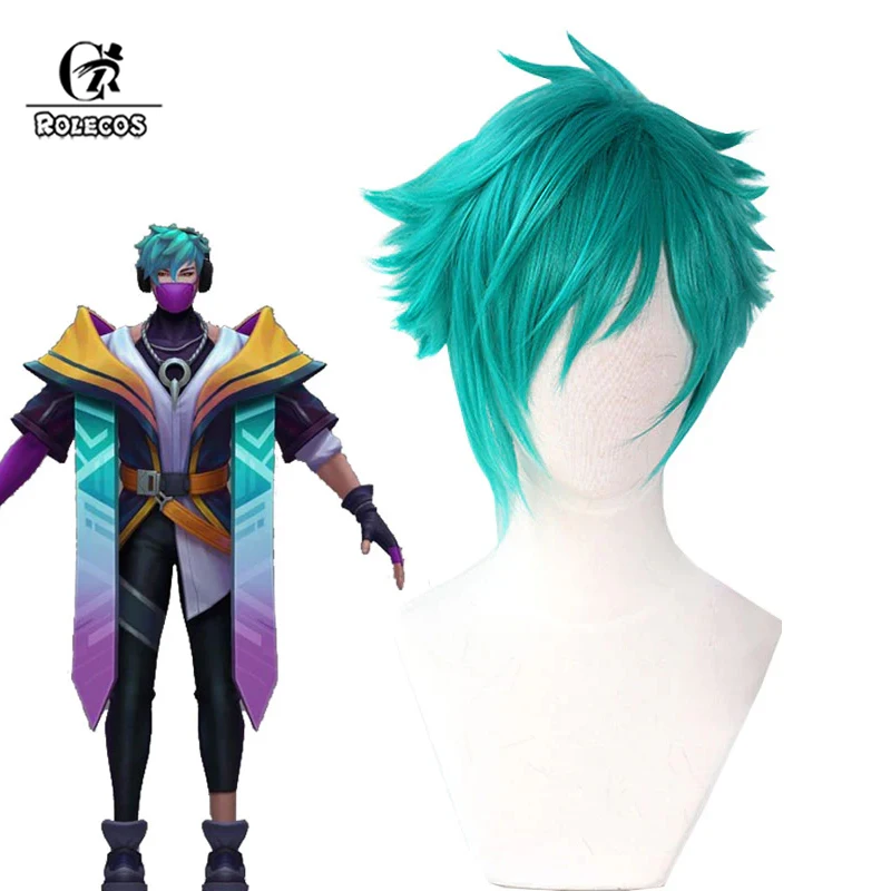 ROLECOS Synthetic Hair Game LOL Heartsteel Aphelios Cosplay Wigs LOL Aphelios Halloween 30cm Short Blue Green Wig Synthetic Hair
