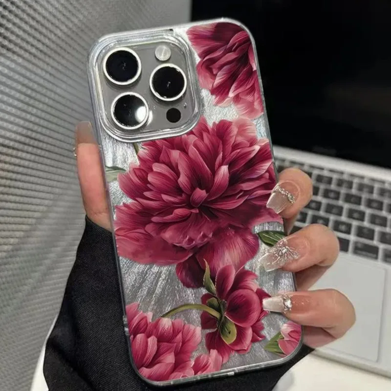 Artistic Clear Phone Case with Red Rose Floral Design and Retro Botanical Print