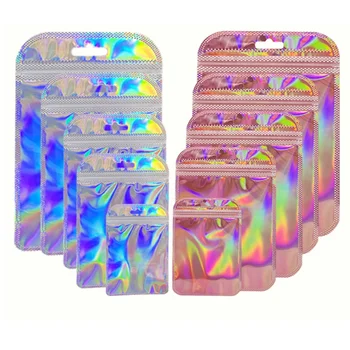 Sacs à fermeture éclair Laser rose, 50 pièces, 100 pièces, sacs transparents en plastique réutilisables pour emballage de bijoux, sacs d'exposition de cosmétiques au détail 1