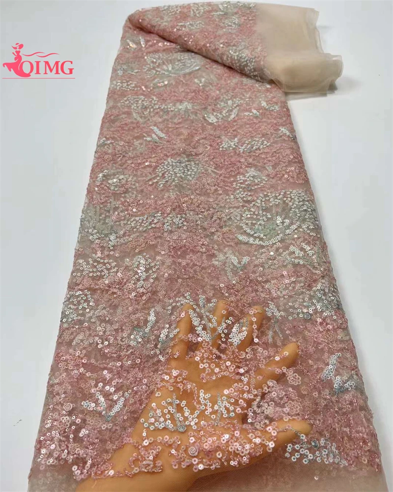 

OIMG Elegant French Lace Fabric African Embroidery With Sequins Nigerian Fabric For Wedding Party Dress 5Yards