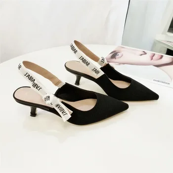 New Women's Versatile Sandals Fashion Cat Heel Letter Shoes Roman Style Mid Heels Low Cut footwear Sexy Luxury Party Pumps 1