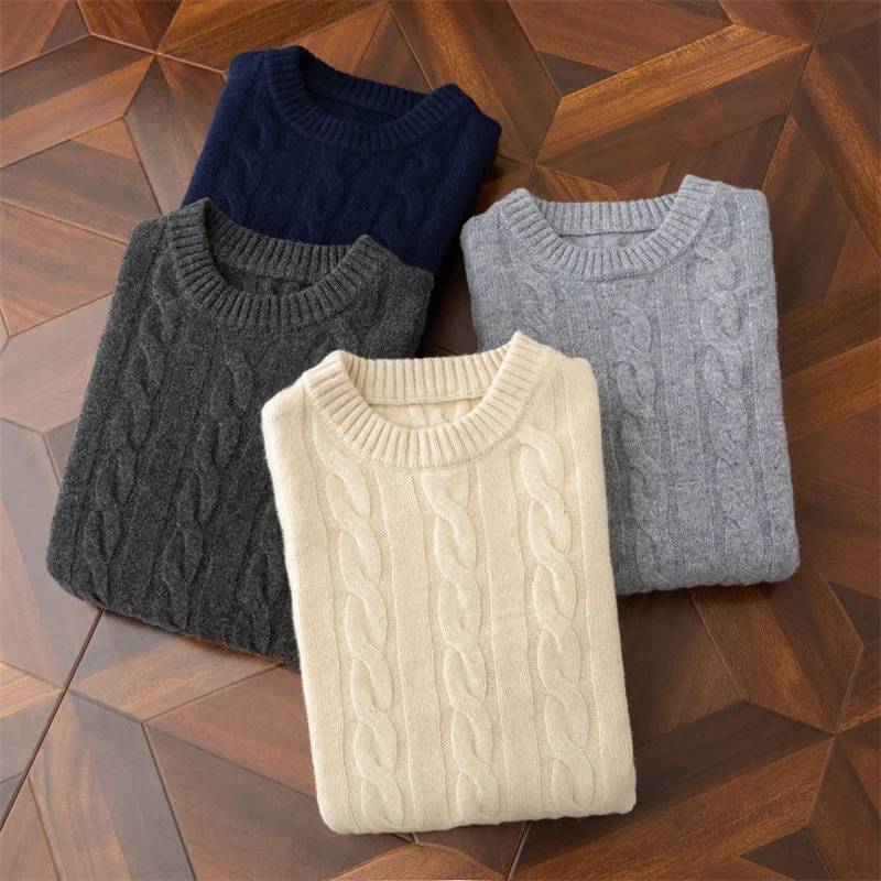 Autumn and winter new wool sweater men's round collar pure color pullover jacquard thick sweater loose cashmere sweater 5