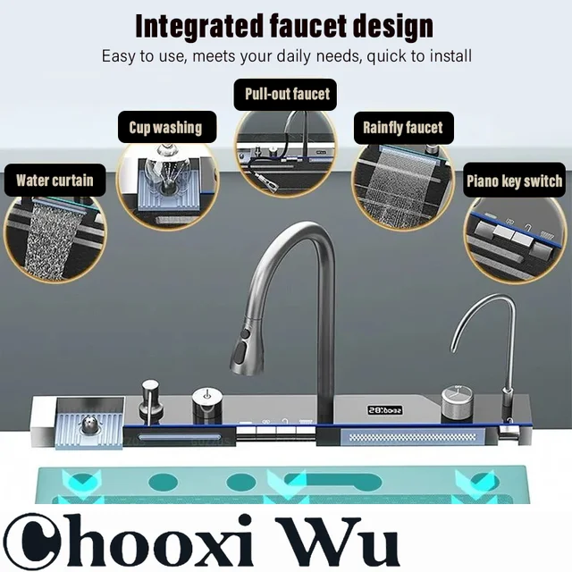 CHOO XIWU-อ่างล้างจานสแตนเลสพร้อมก็อกน้ำจอแสดงผลดิจิตอลอ่างล้างจานอ่างล้างจานอ่างล้างจานอ่างล้างจานอ่างล้างจานอ่างล้างจานแบบเดี่ยวขนาดใหญ่อ่างล้างจานแบบน้ำตกระบบ5ฟังก์ชั่น 1