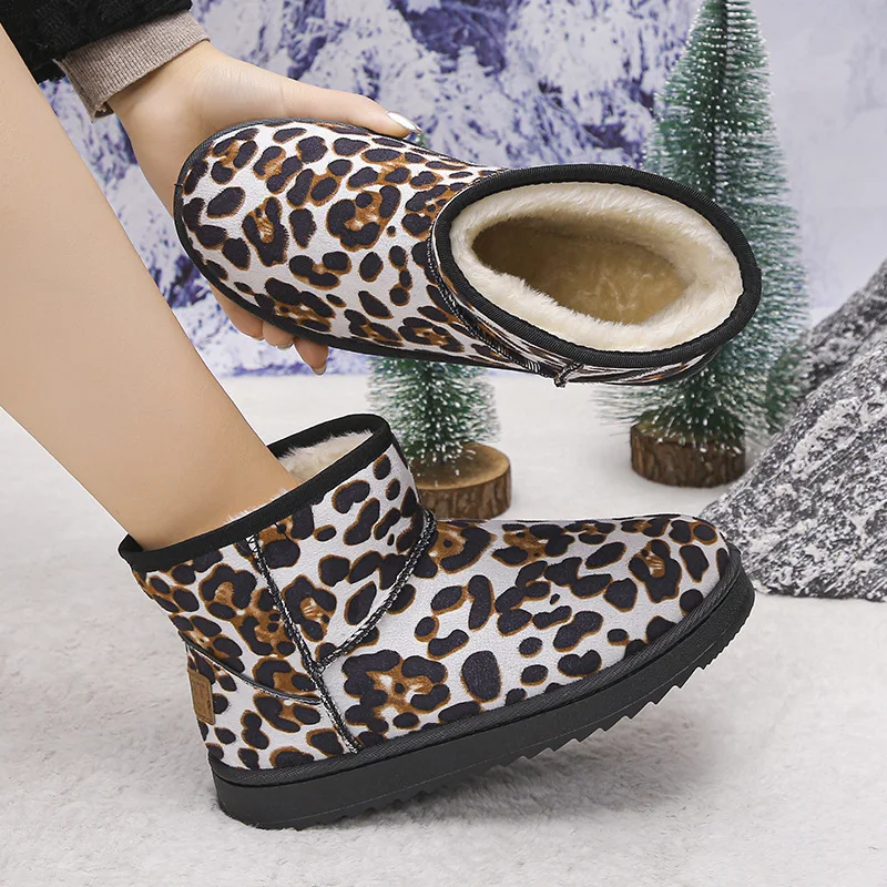 Winter Women Leopard Platform Snow Boots Classic Genuine Cow Leather Plush Fashionable Short Boots Female Warm Cotton Shoes