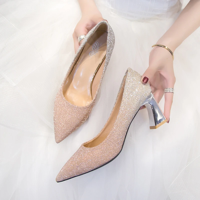 Sequins Wedding Party Shoes Women Sexy Pointed Toe 6.5cm Thick Heel Pumps Woman Slip-On Shining Banquet High Heels Shoes Female 6