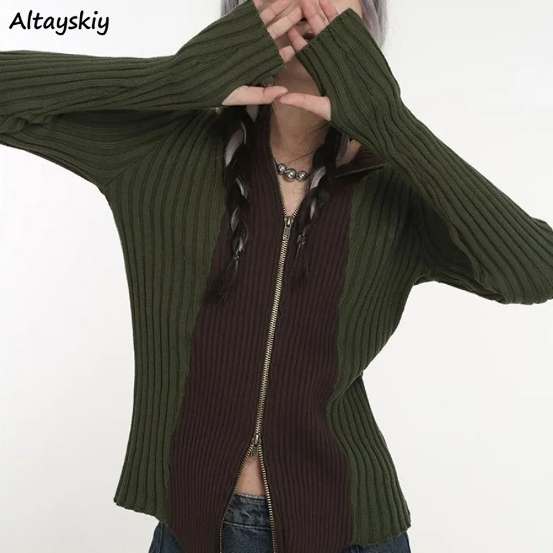 

American Vintage Cardigans Women Zipper Patchwork Slim Knitted Long Sleeve Sweaters High Street Basic Elegant All-match Chic New
