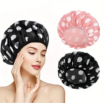 Cuffia da doccia grande a doppio strato da donna, cuffia stampata, cuffia da bagno impermeabile con fermaglio per capelli, adatta per salone spa 1