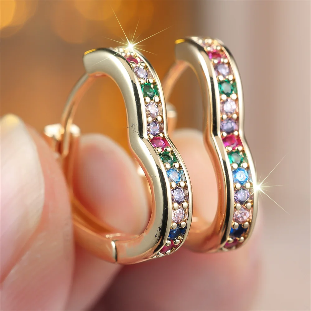 Simple Fashion Rainbow Zircon Love Heart Hoop Earrings For Women Vintage Gold Silver Color Ear Buckle Wedding Party Jewelry Gift