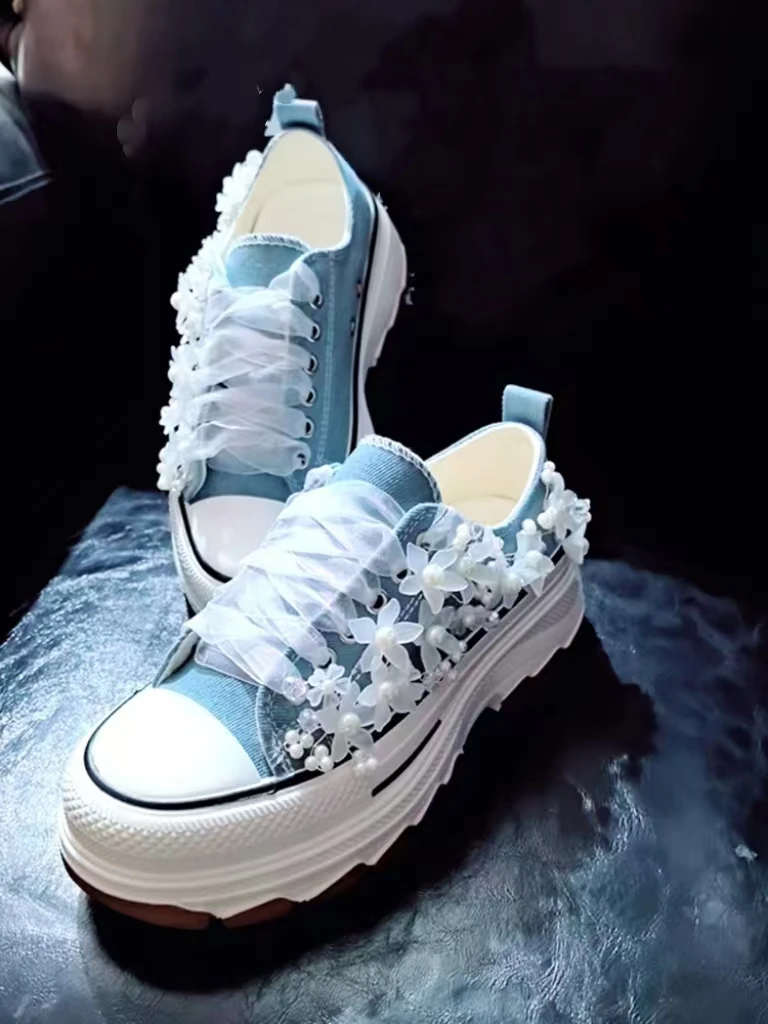 Custom pearl three-dimensional flower thick bottom low canvas