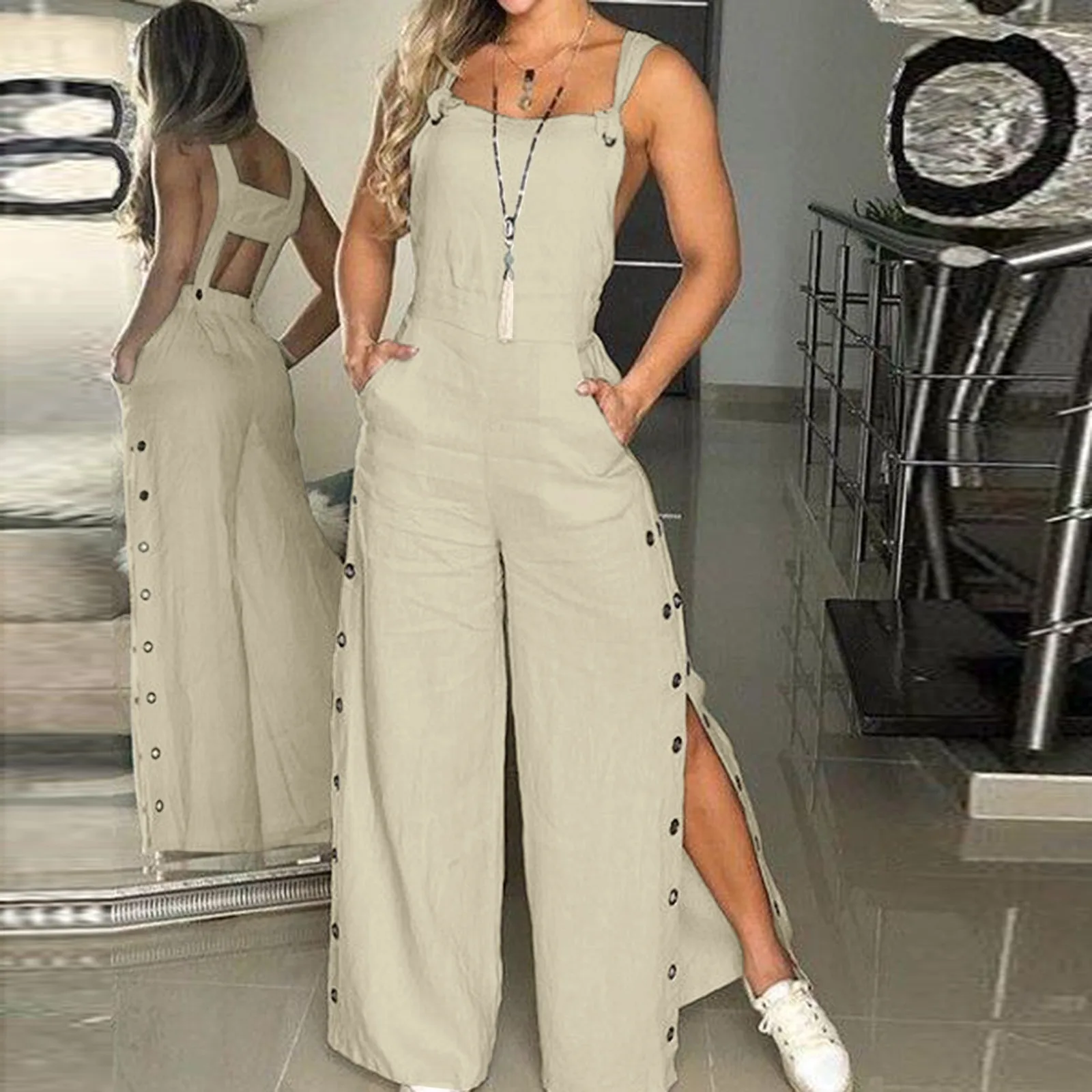 

Women's Summer Sleeveless Twisted Knot Cotton Linen Strappy Jumpsuit Side Button Opening Loose Long Pants Women Playsuit Overall