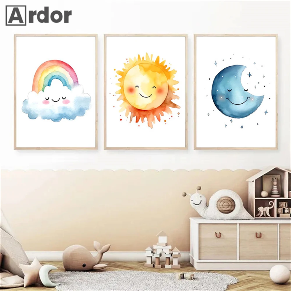 

Cartoon Sun Wall Posters Cloud Rainbow Canvas Painting Poster Nursery Art Prints Moon Picture Nordic Wall Art Kids Room Decor