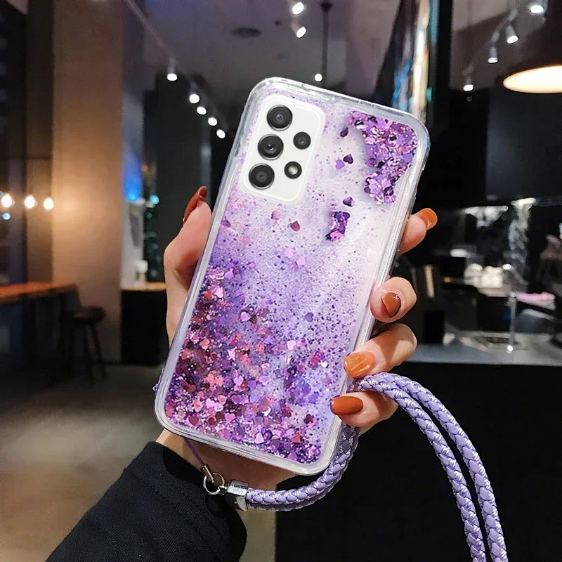 Šňůrka na krk glittery kapalina silikon pouzdro pro Samsung galaxy A15 A25 A35 A55 5G funda záda obal