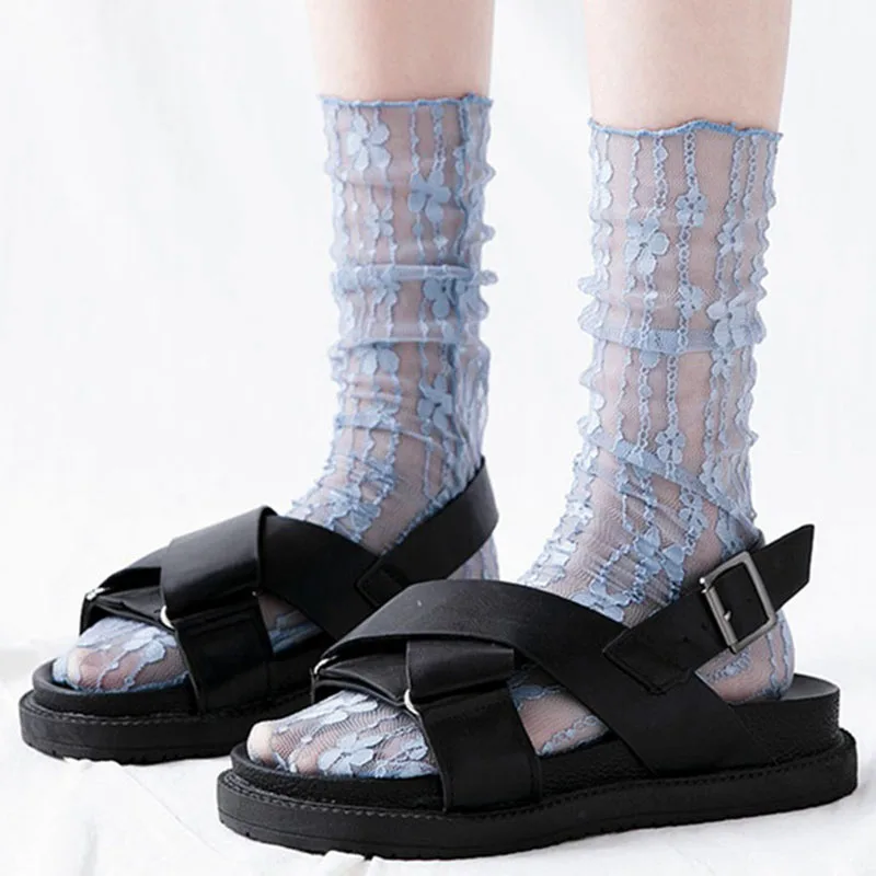 Women Lace Flower Hollow-Out Socks Retro Lolita Cute Summer Thin Middle Tube Transparent Socks Sweet Breathable Designer Socks