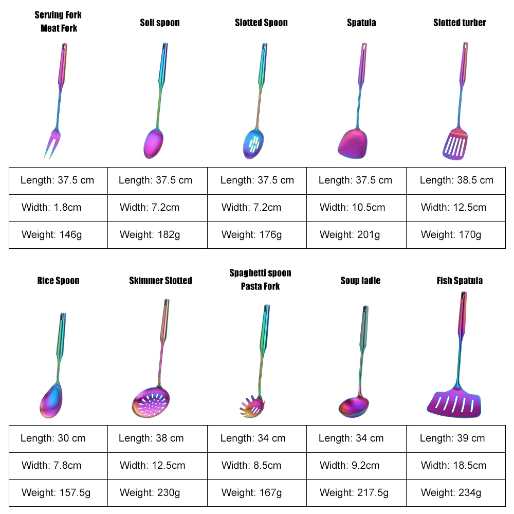 kitchen utensils set 1-10PCS Rainbow Stainless Steel Cooking Kitchen Utensils Set Soup Spoon Turner Spaghetti Server Food-grade Cookware Tools
