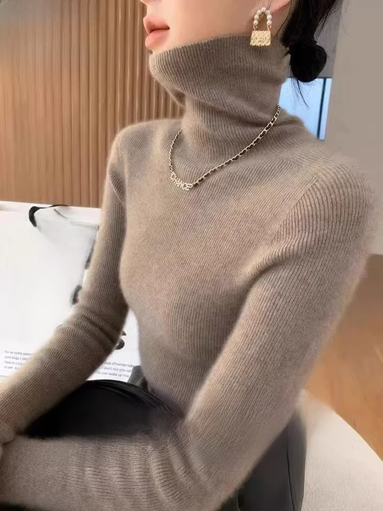 Autumn Winter Thiened Slim Fit Camere Sweater High Collar Knitted Woolen Base irt Pure Color Commute Sle Long Sve