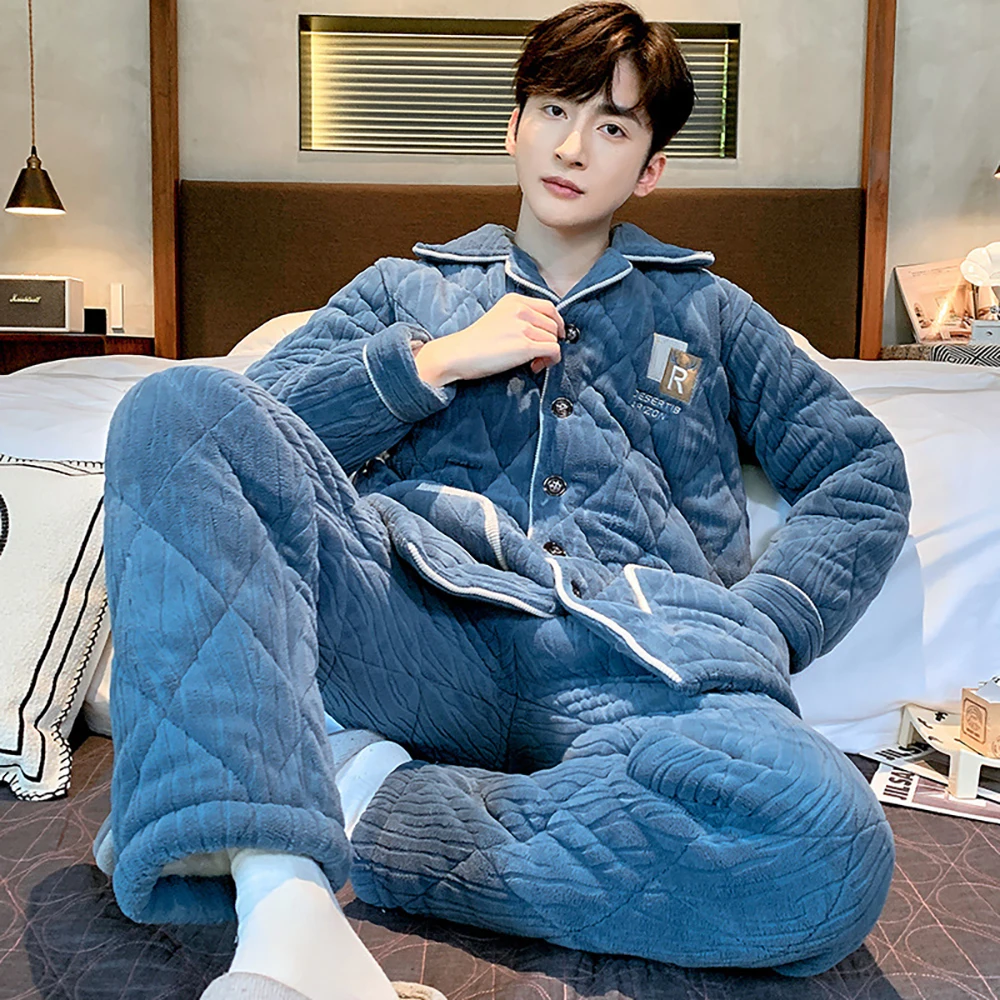 French Style 3-Layer Super Thicken Flannel Winter Sleepwear for Sleeping Warm Plush Men Pajama 3XL Loose Solid Plaid Pajamas Set