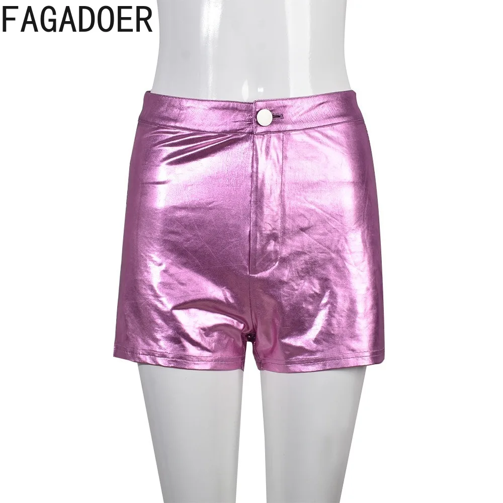 FAGADOER Summer New Solid Color PU Leather Shorts Women High Waisted Button Skinny Shorts Casual Female Matching Bottoms 2024