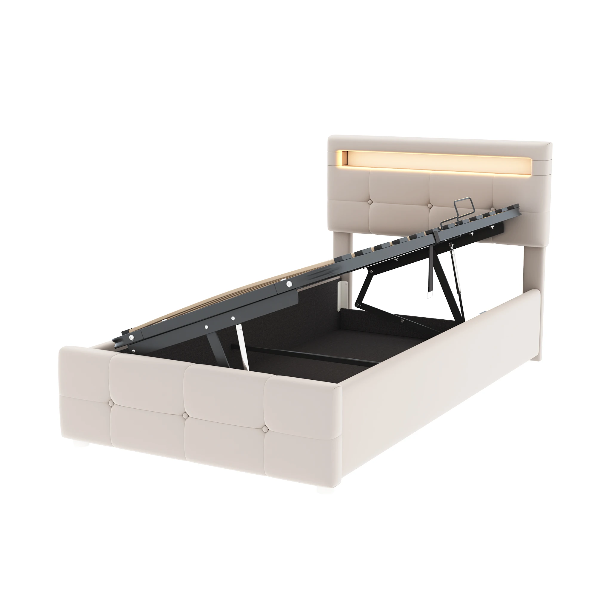 KOMHTOM Kinderbett Einzel 90x200 cm aus Samtstoff mit LED Beleuchtung hydraulischem Stauraum und höhenverstellbarem Kopfteil – Detail 6