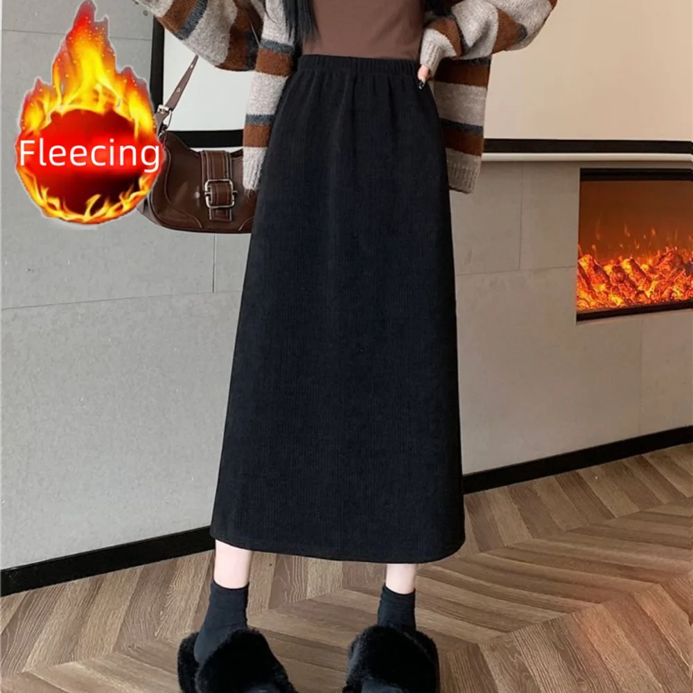 Vintage Elegant Office Lady's A-Line Skirt Back Slit Elastic Waist Thick Women's Skirt New In Winter Fleece Warm Female's Skirt 3