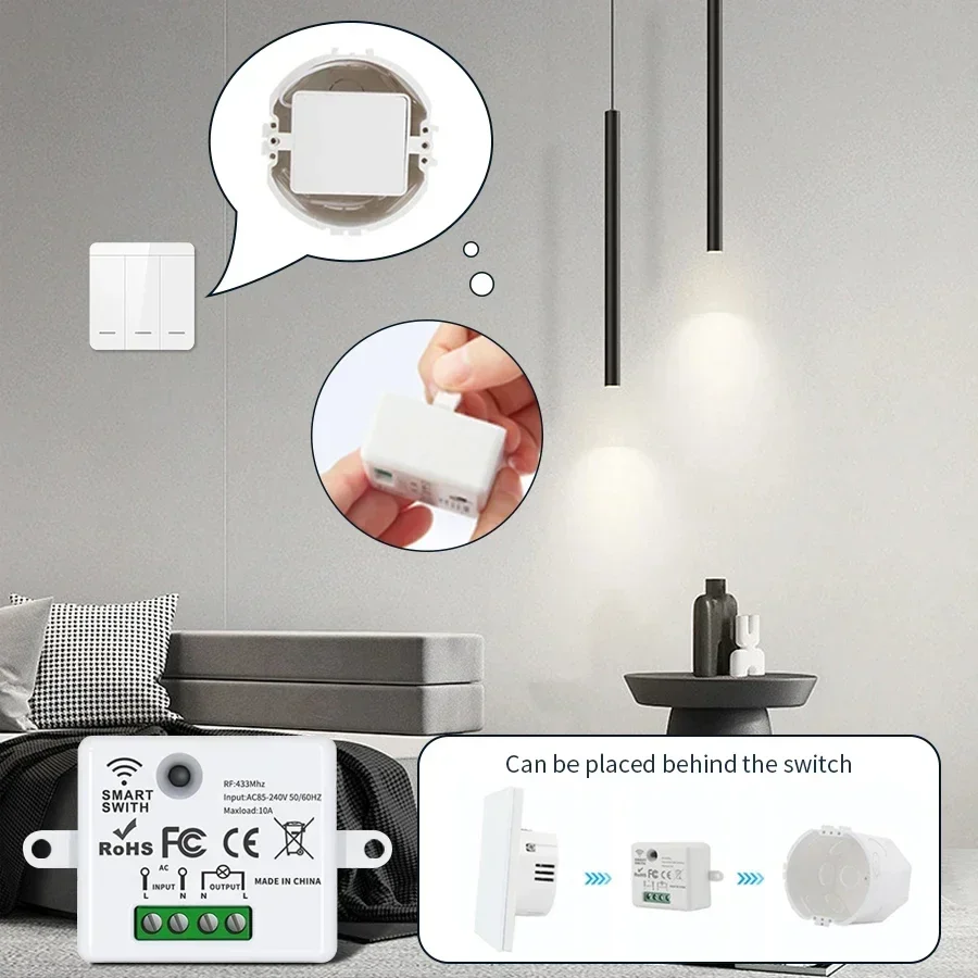 RF 433 MHz Interruttore di telecomando senza fili Smart Home 110 V 220 V 10A Mini Controller Relè ON/OFF Trasmettitore Interruttori della luce da parete - immagine 2