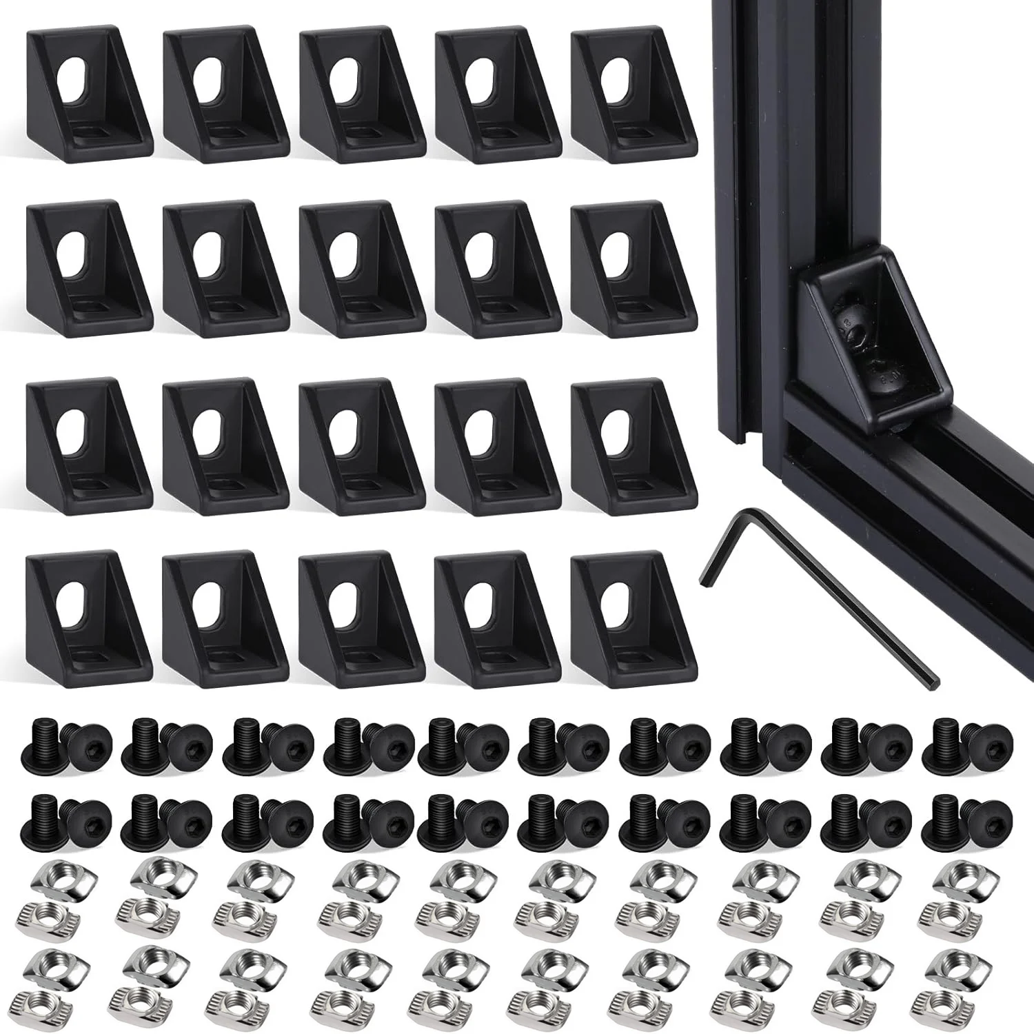 Angle Bracket 20Sets Corner Bracket 40Pcs Drop in T Nuts and Hex Screw Bolt for Slot 6mm Series Aluminum Extrusion Profile Accessories