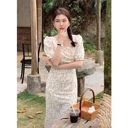 Floral Print Dress Women Summer Korean Sexy Slim Elegant Fashion Casual Short Sleeve High Waist Split Dresses Ladies Clothing