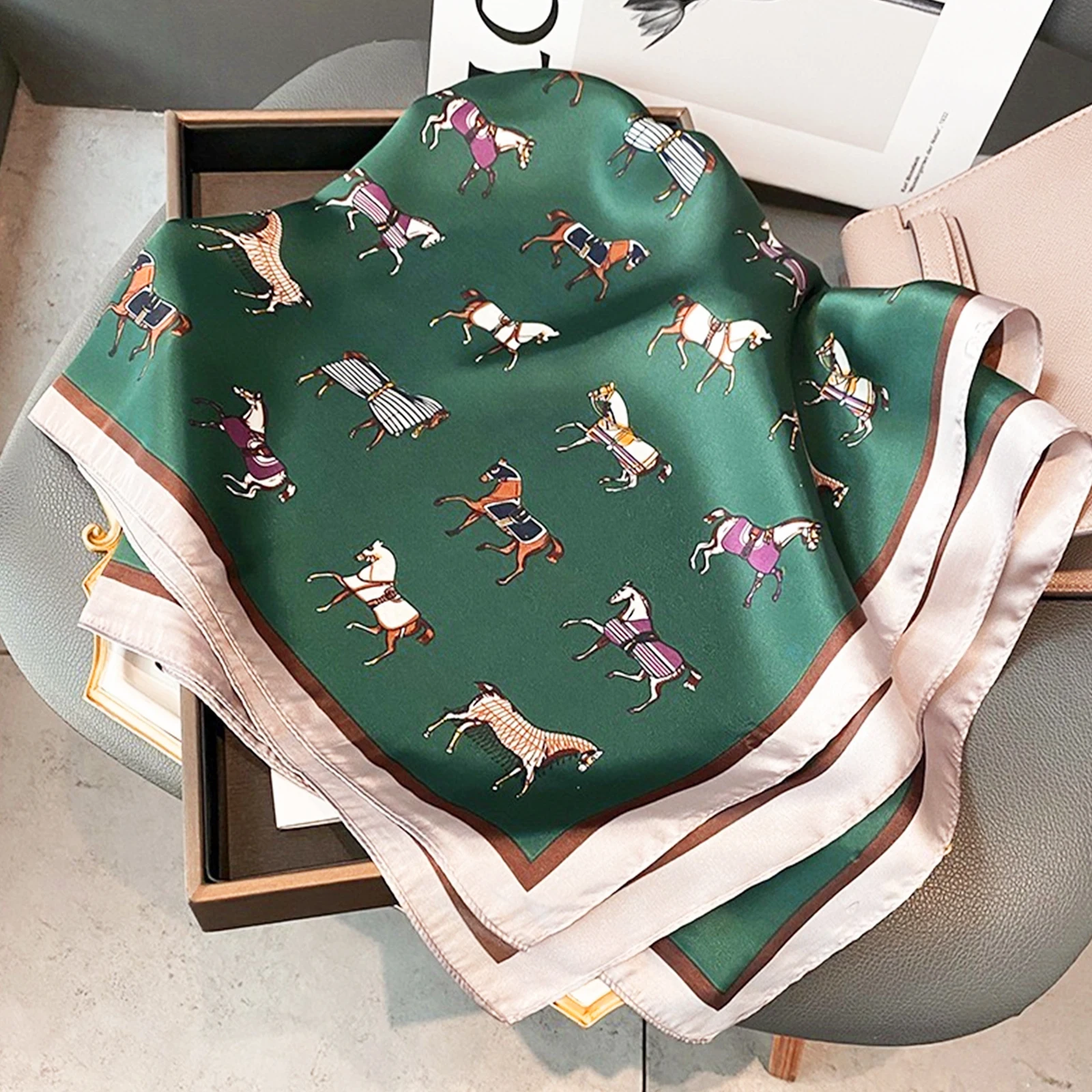 70X70CM Kerchief Luxury Sailboat Print Shawls Four Seasons Square Headcloth Fashion Silk Scarves Popular Sunscreen Small Scarf 4
