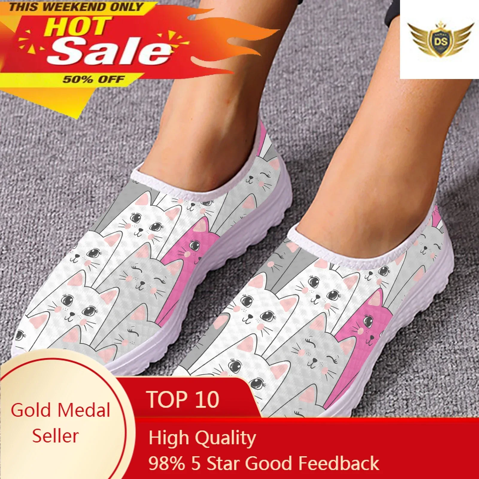 Brand Designs Mesh Shoes For Women Seamless Kawaii Cartoon Cat 3D Printing Lightweight Sneaker Girl Zapatos De Mujer