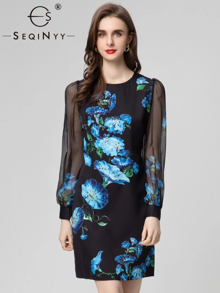 

SEQINYY Black Mini Dress Summer Spring New Fashion Design Women Runway Vintage Blue Flower Print Beading High Street Casual