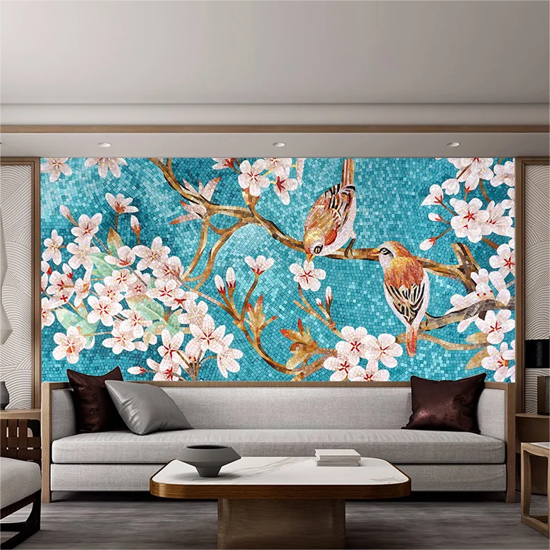 Custom bird pattern art  glass mosaic tile mural design for lifelike wall decorate blue pattern art glass mosaic tile mural design for wall decorate