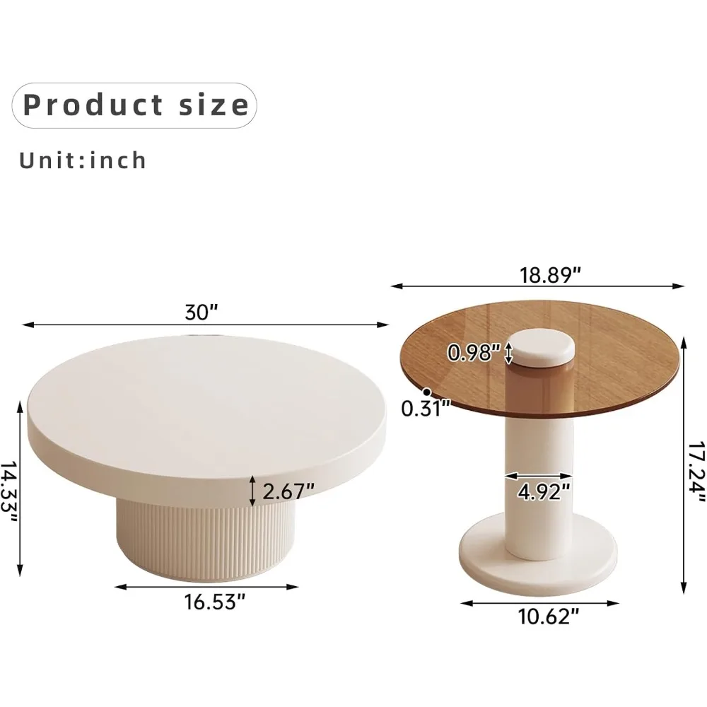 2-Pieces Modern Coffee Tables Set - Round Cream White Coffee Table & Small End Table for Living Room 2