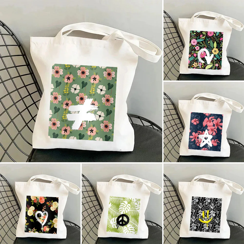 

Graffiti Abstract Floral Smiley Face Women Canvas Shoulder Bags Harajuku Handbags Totes Eco Shopper Reusable Cotton Shopping Bag