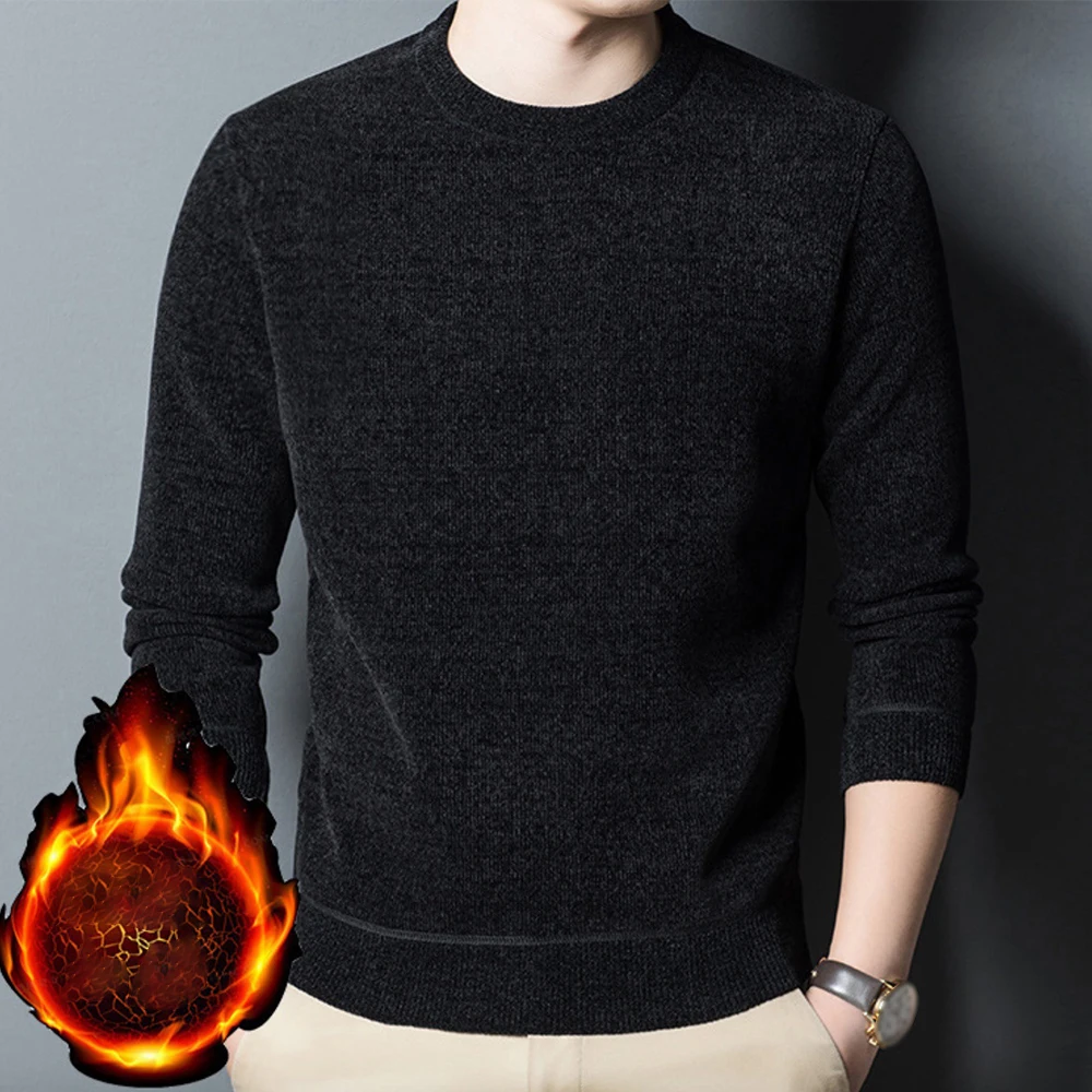

Mens Autumn Winter Warm Crewneck Fleece Thick Knit Pullover Long Sleeve Sweater Sweatshirt Tops Casual Solid Male Sweaters