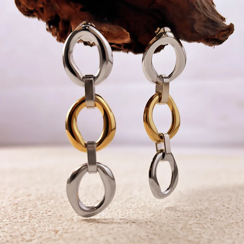 Exquisite Chain Long Dangle Earrings Two-tone Stainless Steel PVD 18K Gold Plated Multi Layer Circular Ring Love Heart Earring