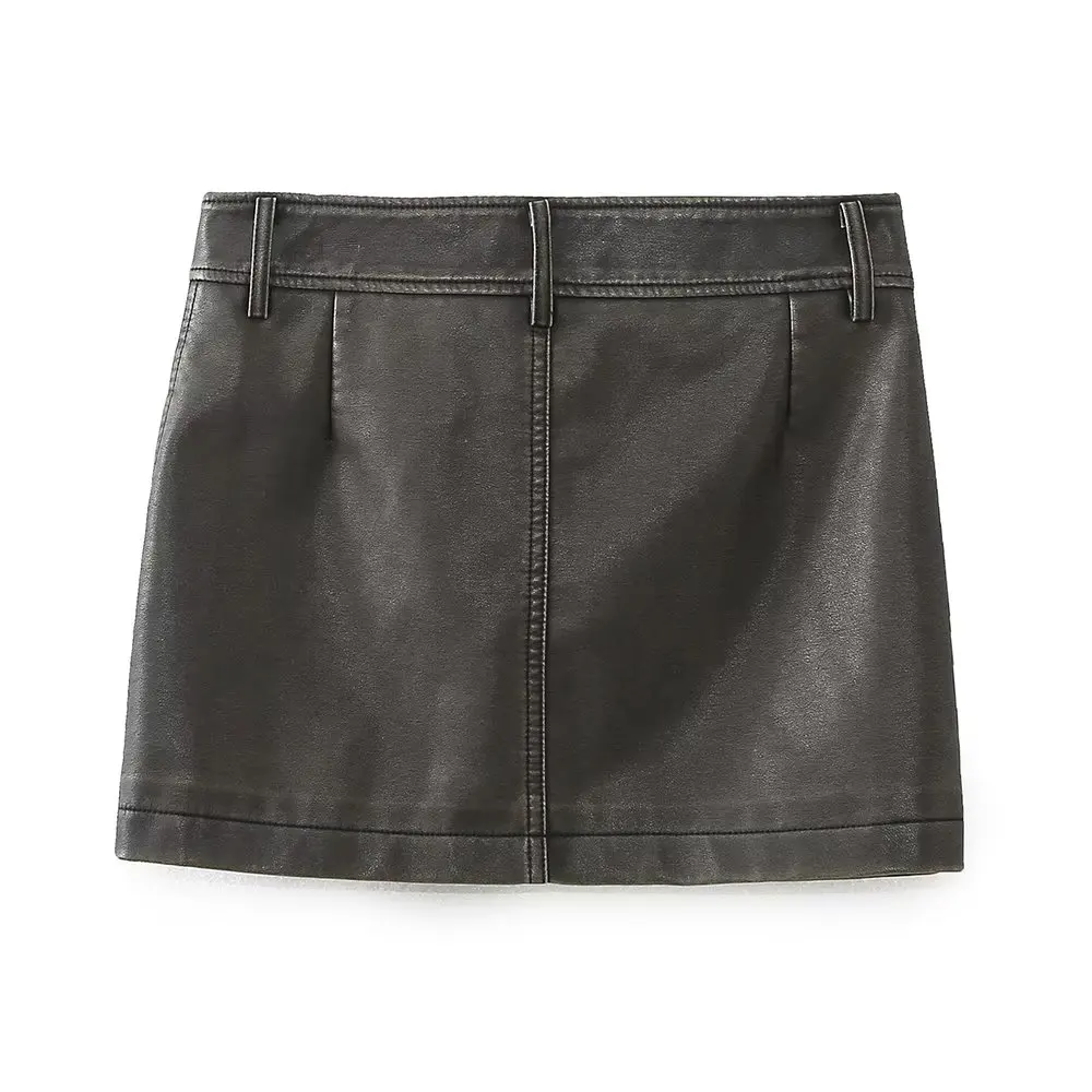 Maxdutti Retro Zipper Pocket Straight Skirt High Street Mini Leather Skirt High Waist Sexy For Women