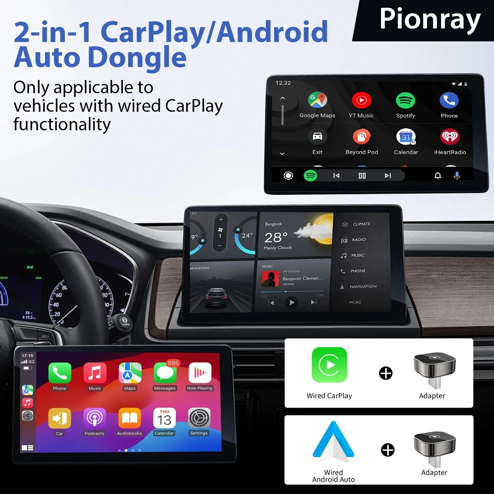 Volam 2025 Upgrade 2 in 1 draadloze CarPlay-adapter Android Auto draadloze adapter, autodongle converteert bedraad naar draadloos voor in de fabriek bekabelde CarPlay-auto's vanaf 2016, Type-C/USB