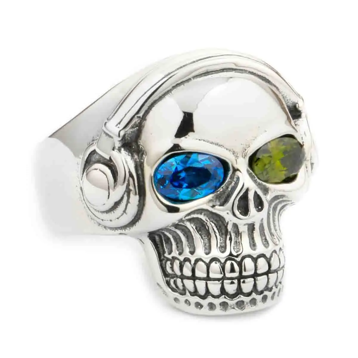 

925 Sterling Silver Blue Green CZ Eyes DJ Skull Studio Music Headphone Punk Ring 8Y611 US Size 7 to 15