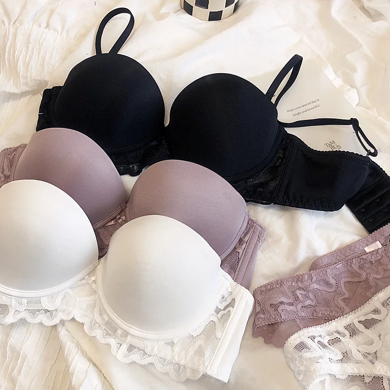 New Sexy Soft Underwire Brassiere And Panties Big Size U Smooth Back Lace  Underwear Women Fashion Push Up Thicken Bra Set