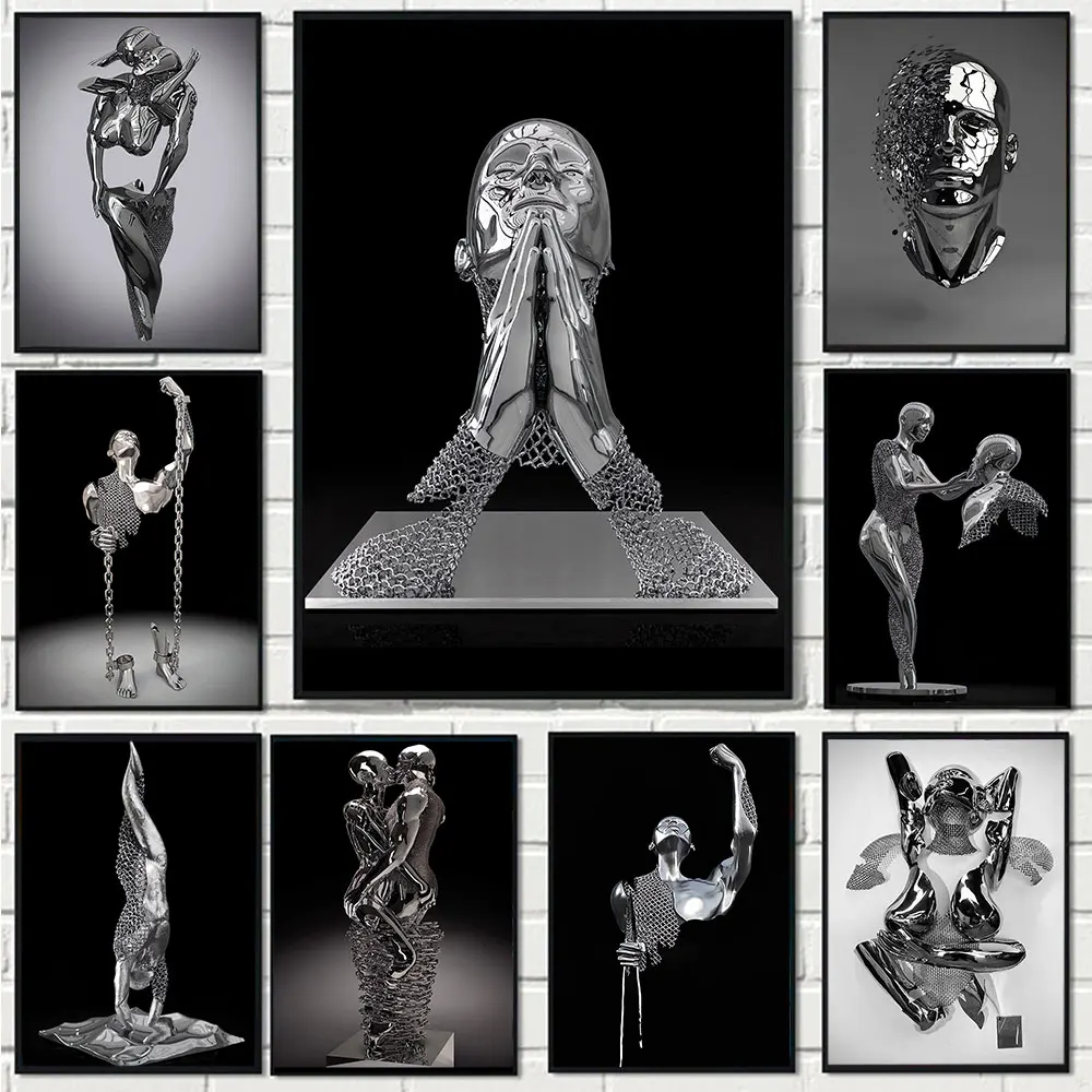 

Abstract Metal Figure Statue Canvas Painting Wall Art Modern Silver Lovers Posters and Prints Picture for Living Room Home Decor