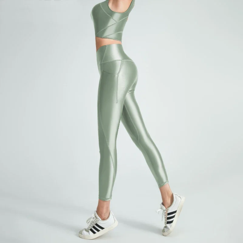 Yoga Set satin glossy clothes for women vest Oil High Waist Pants workout Smooth Fitness Gloss Yoga Running sport gym set leggings