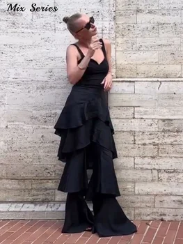Fashion Solid Color Tiered Ruffle Pants Women's High Waist Wide Leg Long Trousers 2026 New Lady Casual Vacation Streetwear