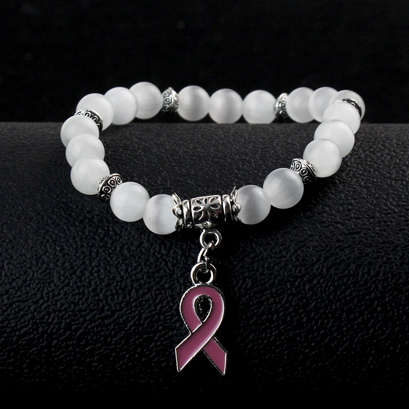 5 Color Breast Cancer Awareness Pink Ribbon Charm Bracelet 5 Color Cat Eye Opal 8mm Beads Bracelets & Bangles 3