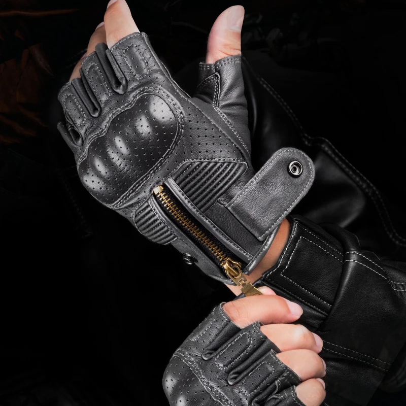 Motorcycle Gloves Leather Half Finger Short Gloves Zipper Antique Tactical Summer motorcycle gloves sports gloves leather motorcycle gloves