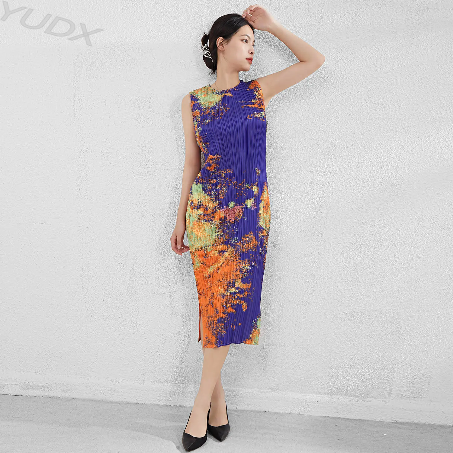 

Miyake Pleated Print Dress Female Summer 2023 New Retro Fashion Temperament In The Long Section Waist Thin Improved Cheongsam
